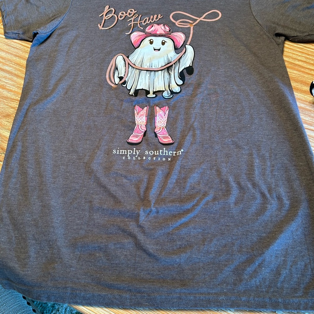 Simply Southern Gray Tee with Pink Ghost & Boots Graphic